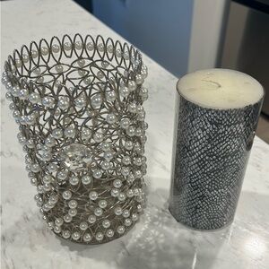 Pearl and Silver Wire Candle Holder with Candle